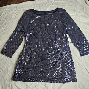 Jessica Howard Blue Sequin Ruched 3/4 Sleeve Cocktail Quiet luxury Top Size 14